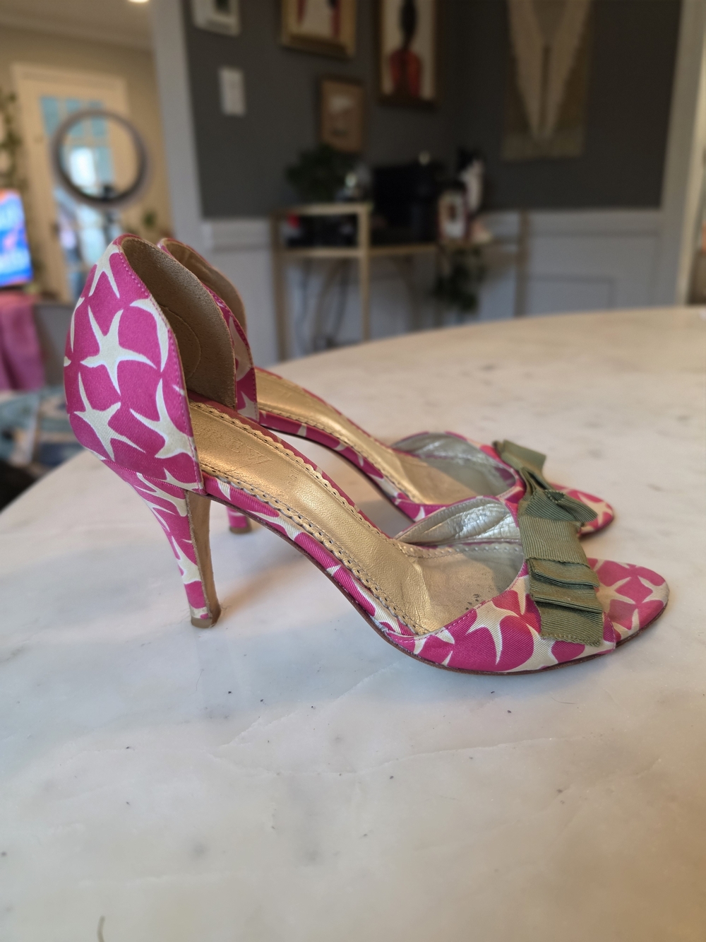 J. Crew Pink D'orasy Starfish Patterned Bow Peep-Toe Heels Size 7.5 Y2k